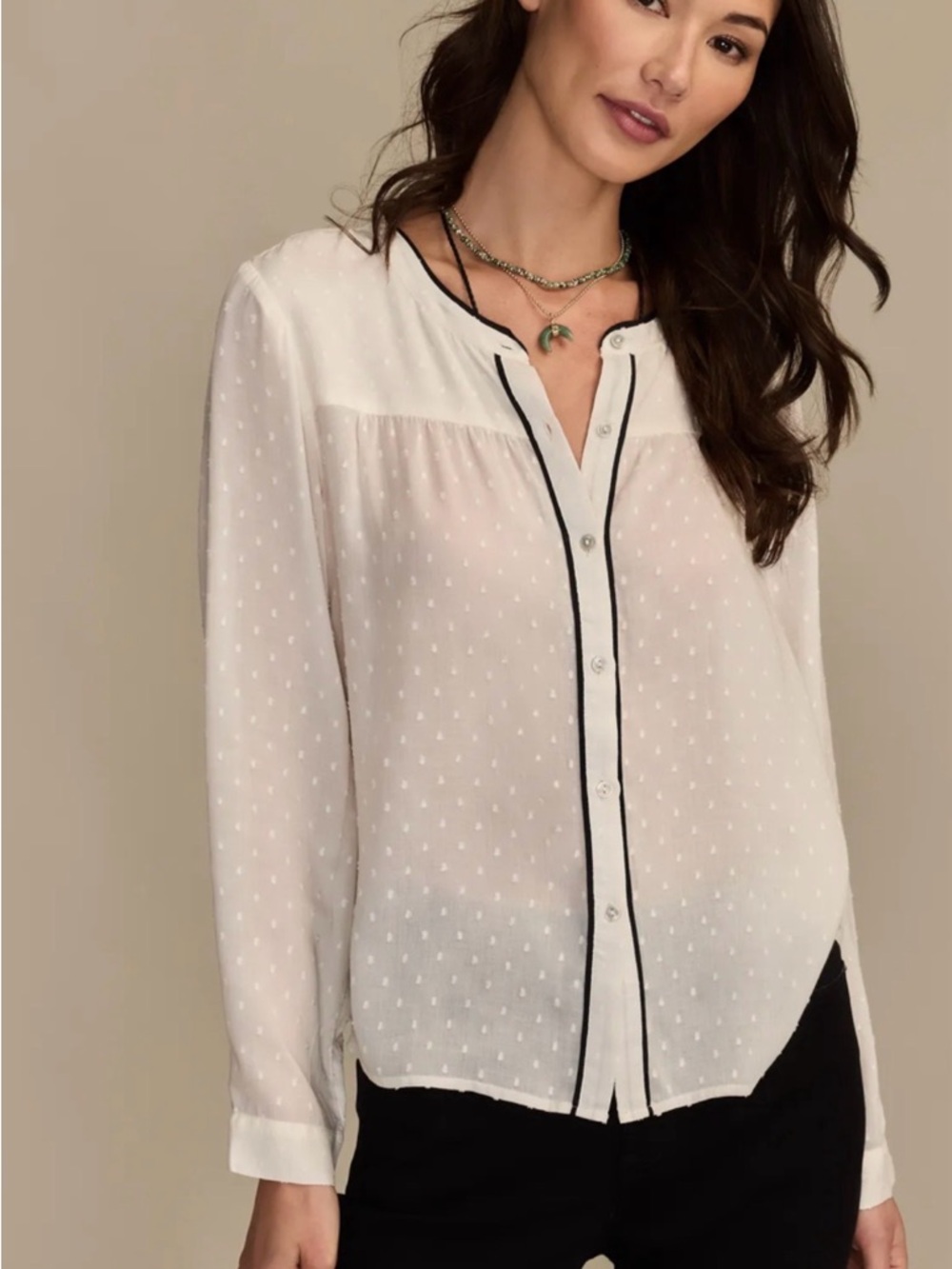 Lucky Brand White Swiss Dot Blouse with Black Trim